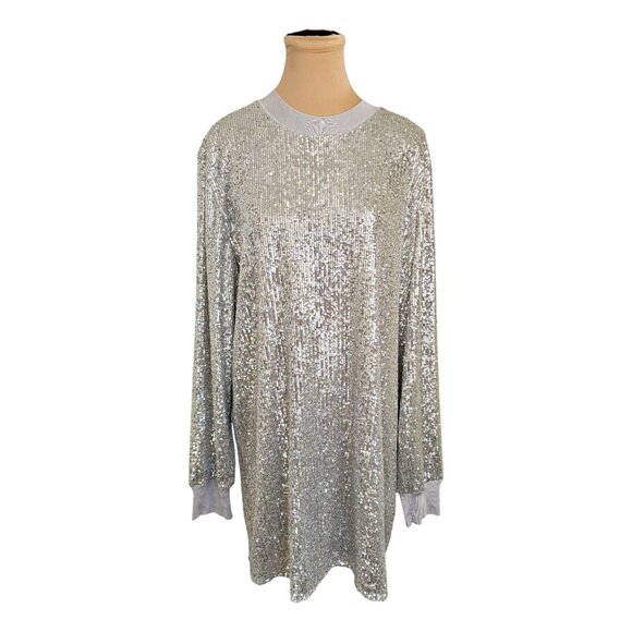 All Saints Juela Mini Sequin Silver Long Sleeve Dress Sz L - Picture 1 of 10